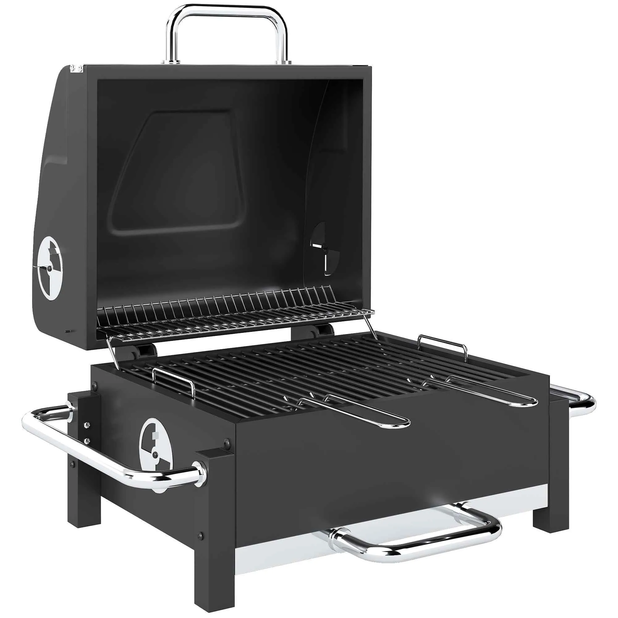 Outsunny Portable Charcoal BBQ with Thermometer and Ash Catcher, Black