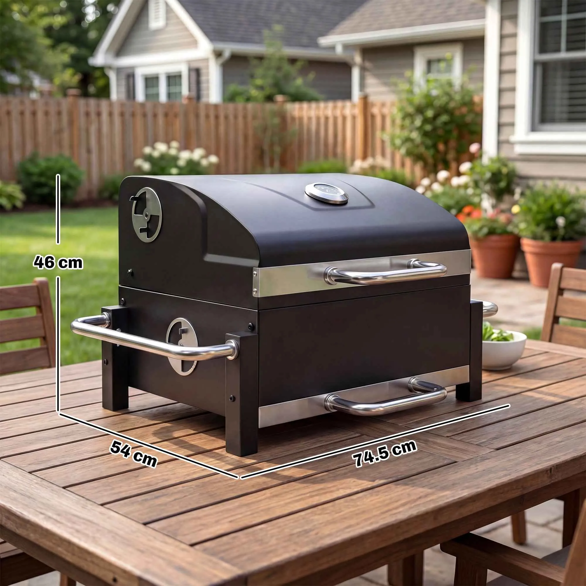 Outsunny Portable Charcoal BBQ with Thermometer and Ash Catcher, Black - Image 3