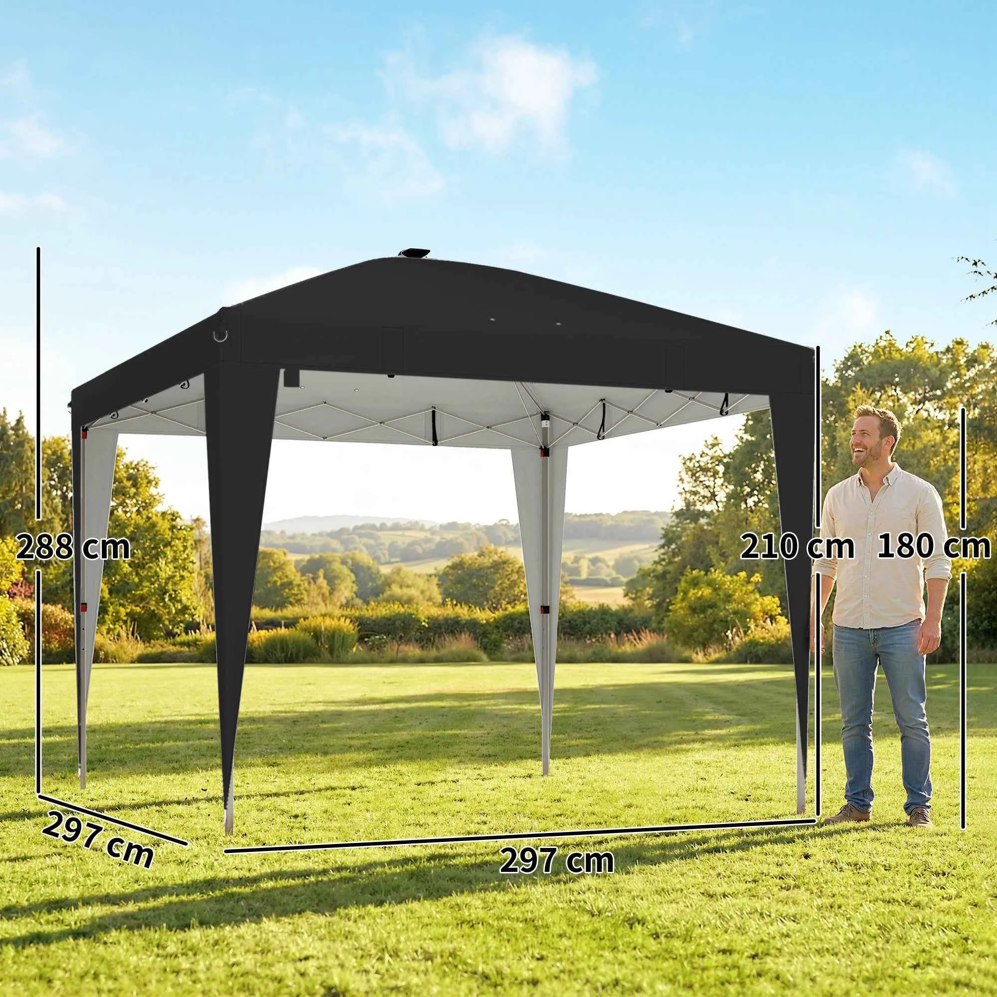 Outsunny 3x3 m Folding Gazebo with Adjustable Height, Central Light and Remote Control, Metal and Polyester, Black - Image 3