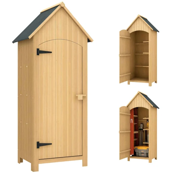 Outsunny Fir Wood Garden Storage Shed with 3 Shelves, Waterproof Sloped Roof Garden Tool Shed for Patio Deck, 77.5 x 54.2 x 179.5 cm, Wood Color