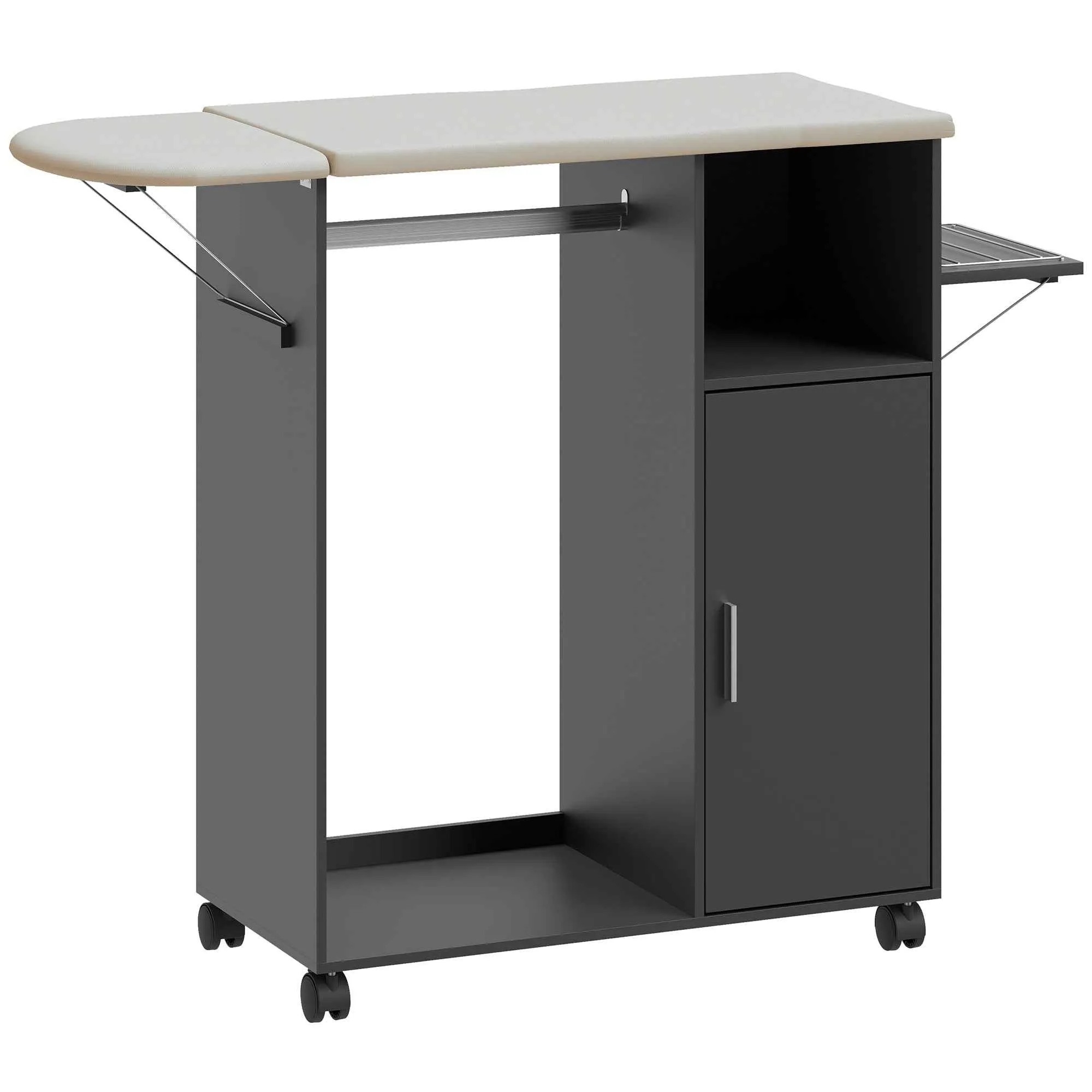 HOMCOM Ironing Board with Linen-Effect Top, 3 Cube Shelves and Rail, 127x42.5x99 cm, Black