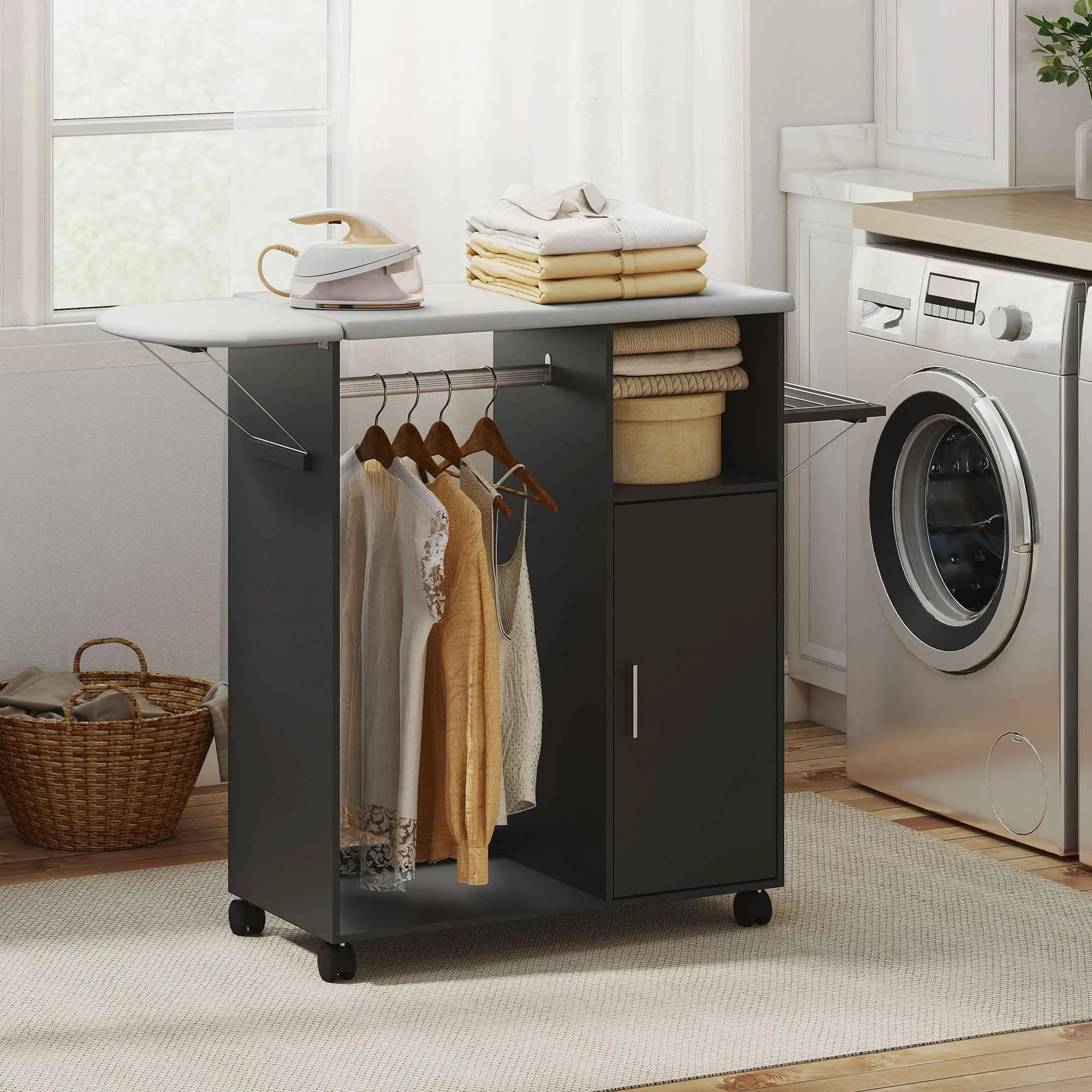 HOMCOM Ironing Board with Linen-Effect Top, 3 Cube Shelves and Rail, 127x42.5x99 cm, Black - Image 2