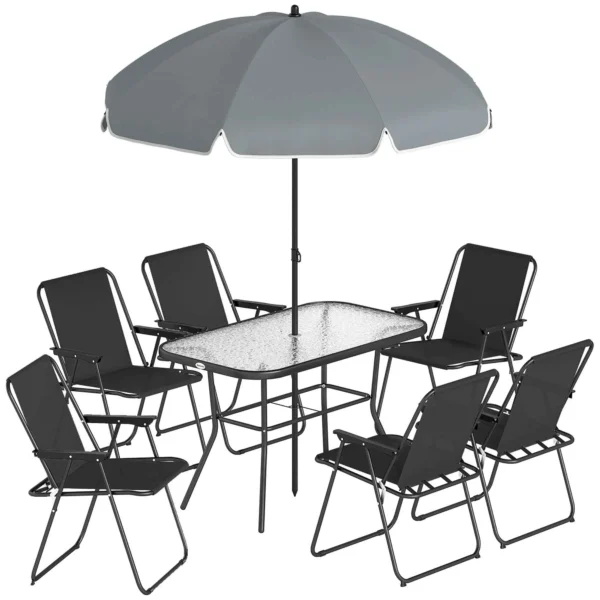 Outsunny 8-Piece Garden Set with Umbrella, 6 Folding Chairs and Tempered Glass Outdoor Table, Black