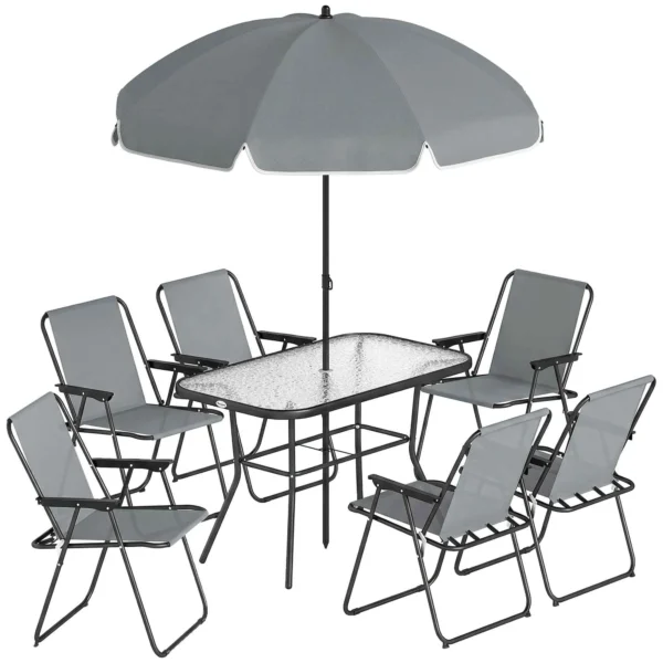 Outsunny 8-Piece Garden Set with Umbrella, 6 Folding Chairs and Tempered Glass Outdoor Table, Grey