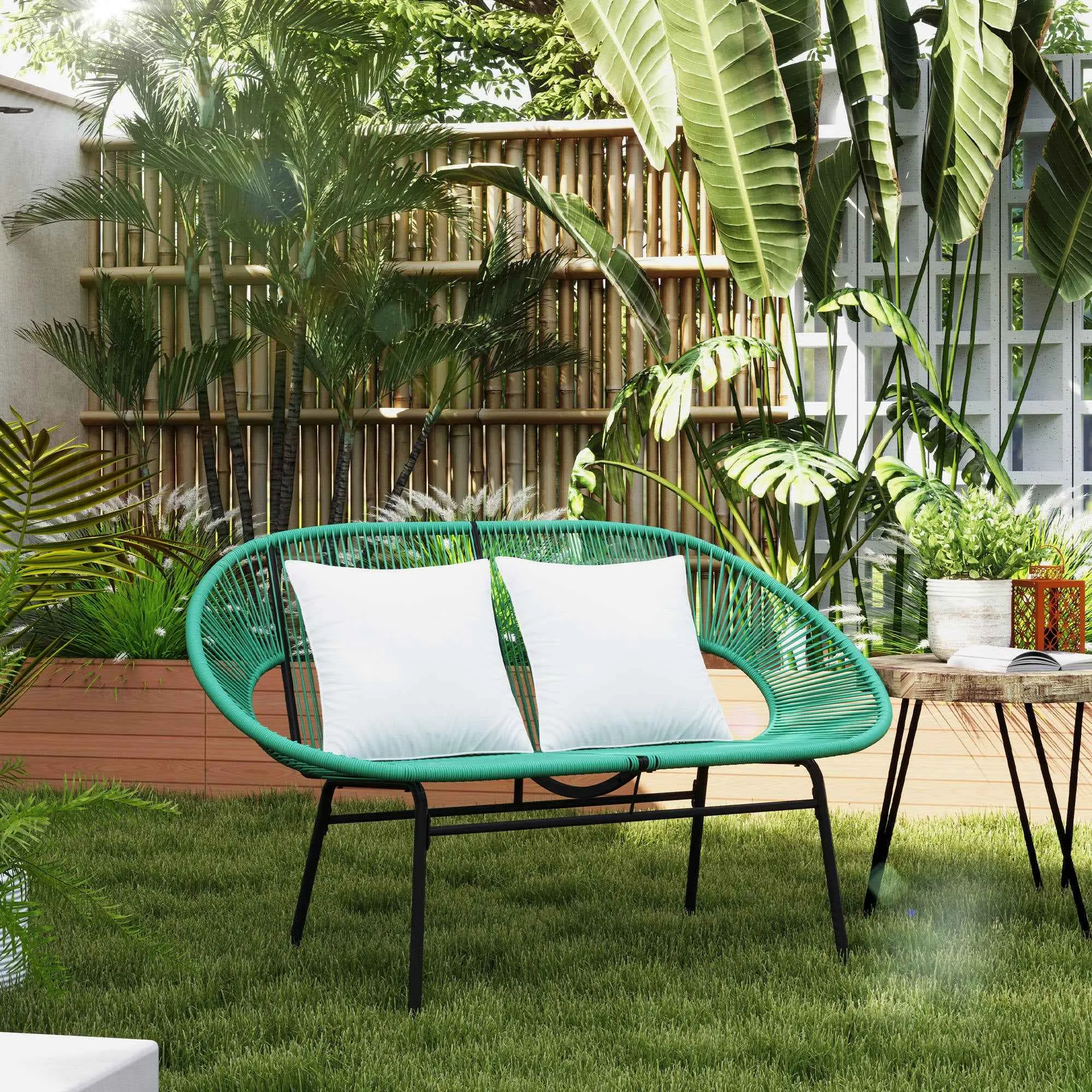 Outsunny 2-Seater Garden Sofa in PE Rattan and Steel with Cushions and Armrests, 132x72x83 cm, Green - Image 2