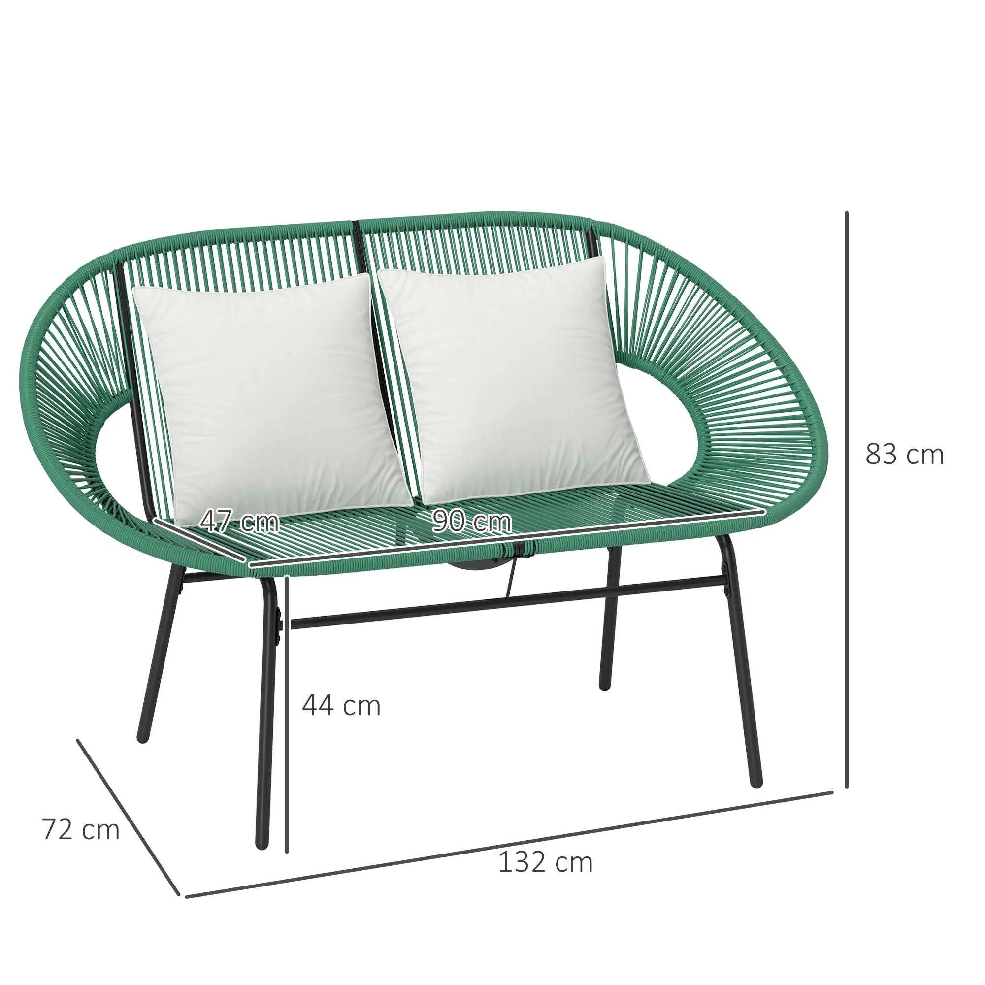 Outsunny 2-Seater Garden Sofa in PE Rattan and Steel with Cushions and Armrests, 132x72x83 cm, Green - Image 3