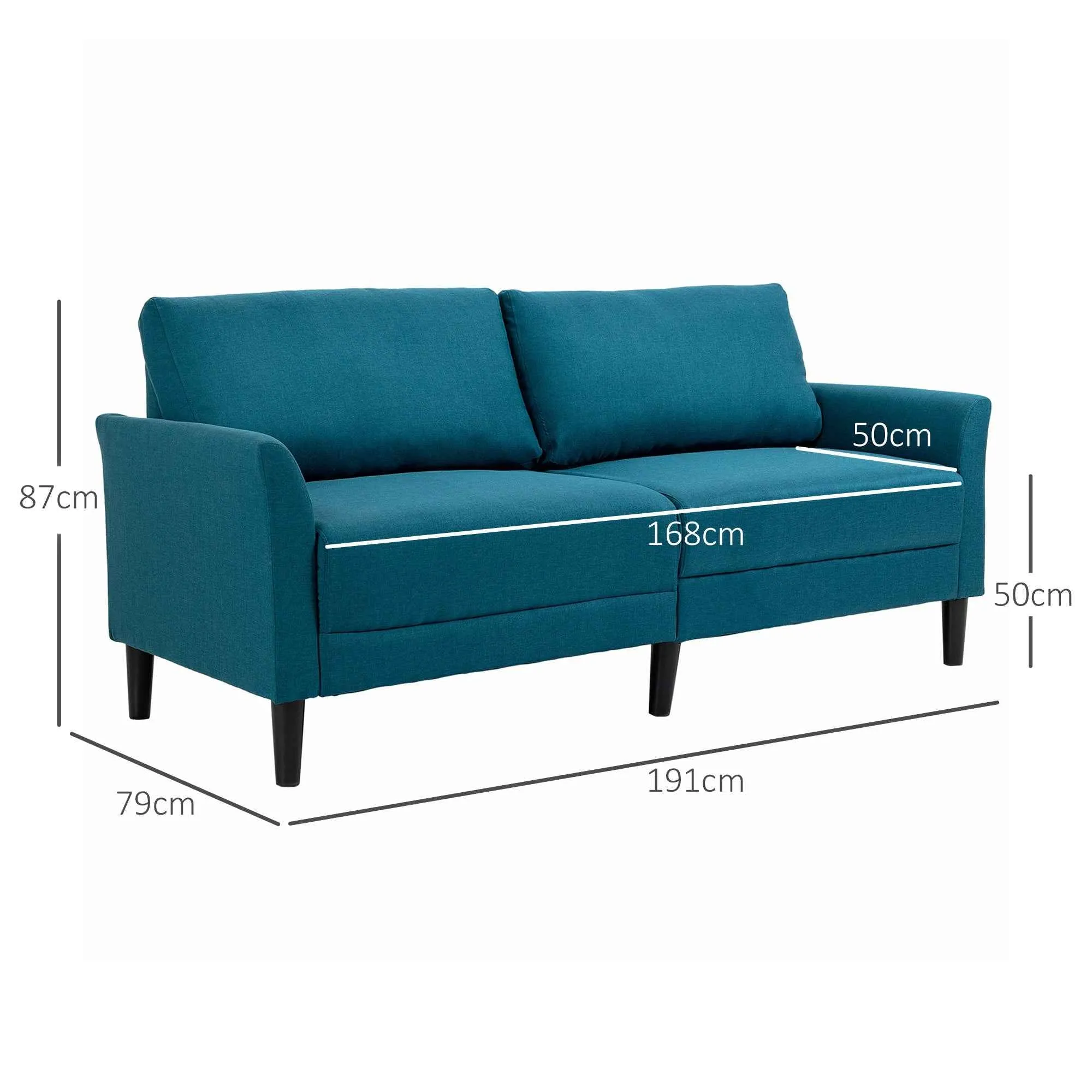 3-Seater Fabric Sofa with Deep Seat and Thick Padding, 191x79x87 cm, Peacock Blue - Image 3