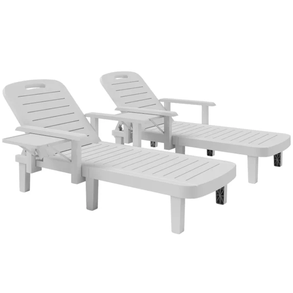 Outsunny Set of 2 Adjustable Garden Loungers with Table and Armrests, in Polypropylene, 79x158x88 cm, White