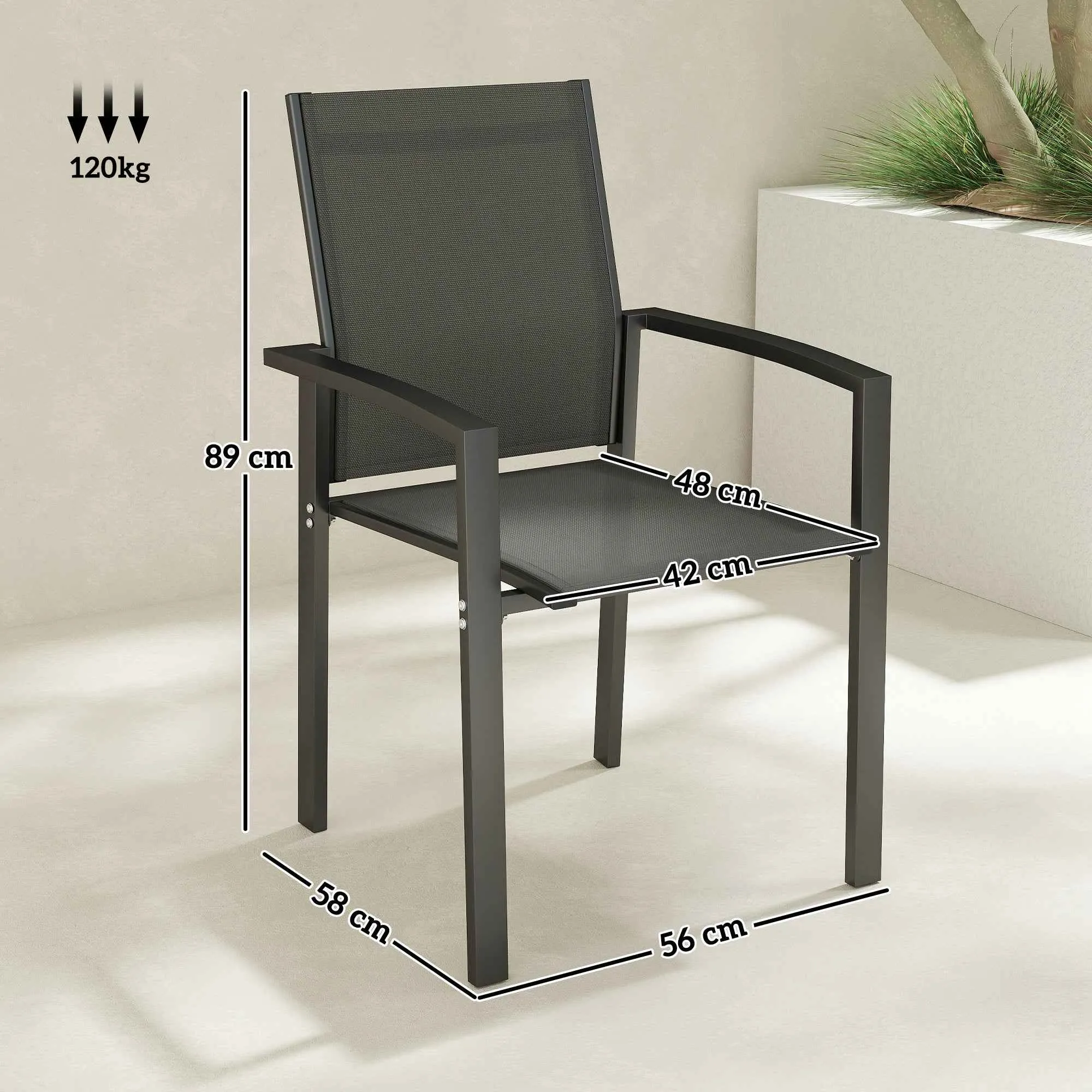 Outsunny Set of 2 Stackable Garden Chairs with Breathable Seat, in Aluminum and Textilene, 56x58x89 cm, Charcoal Gray - Image 3