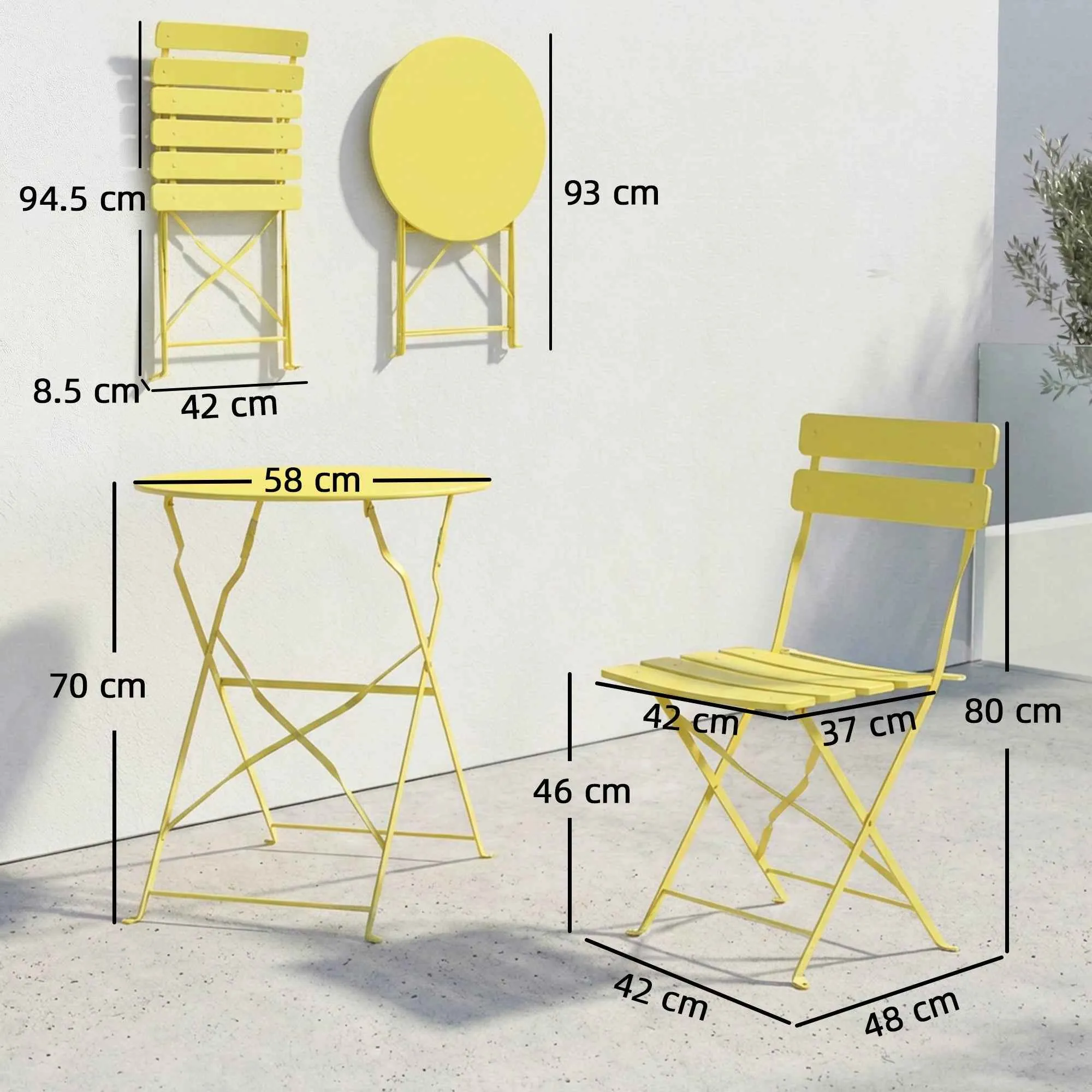 Outsunny Bistro Set, Folding Table and Chairs for 2, Garden, Yellow. - Image 3