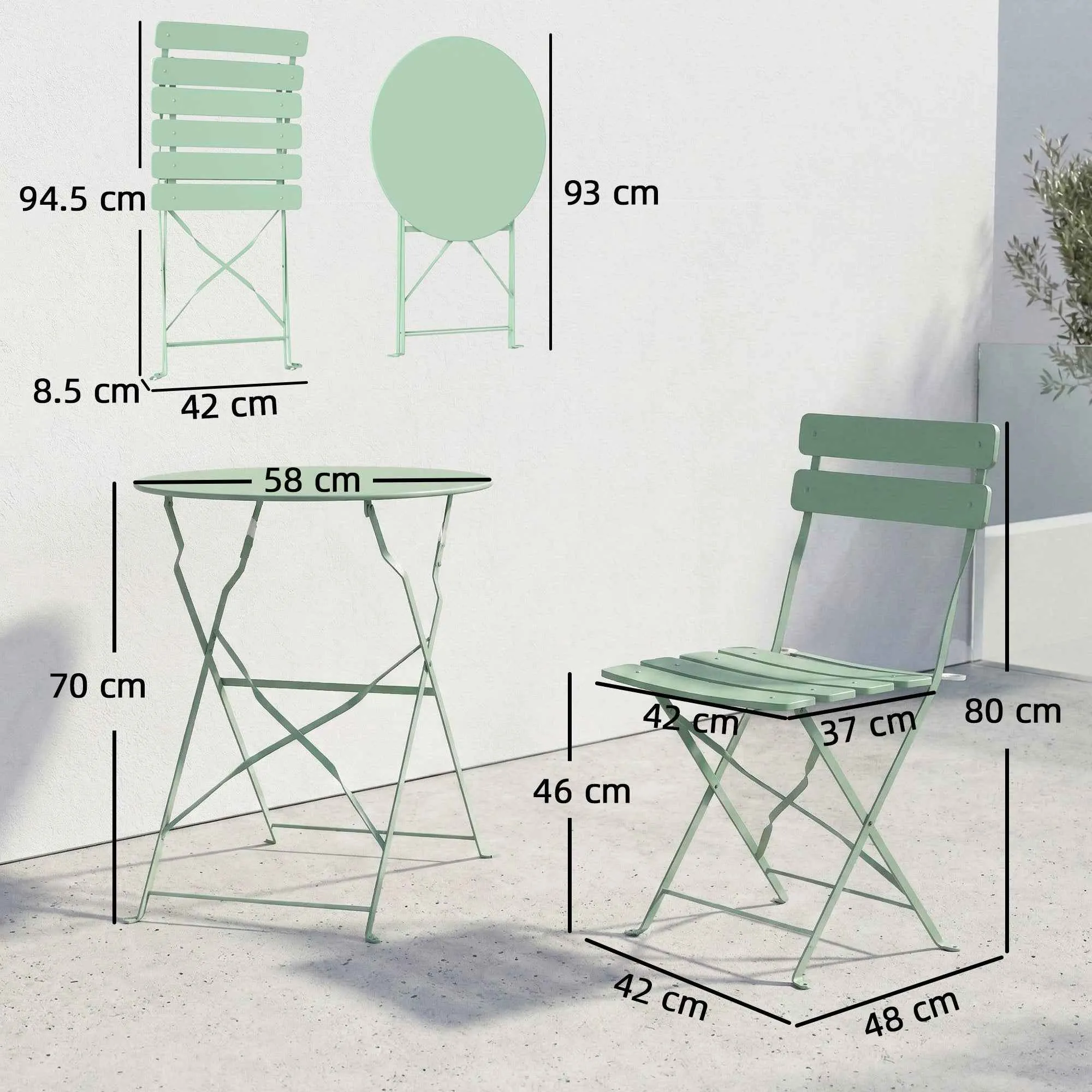 Outsunny Bistro Garden Set: Round Table and Folding Chairs for 2, Light Green. - Image 3