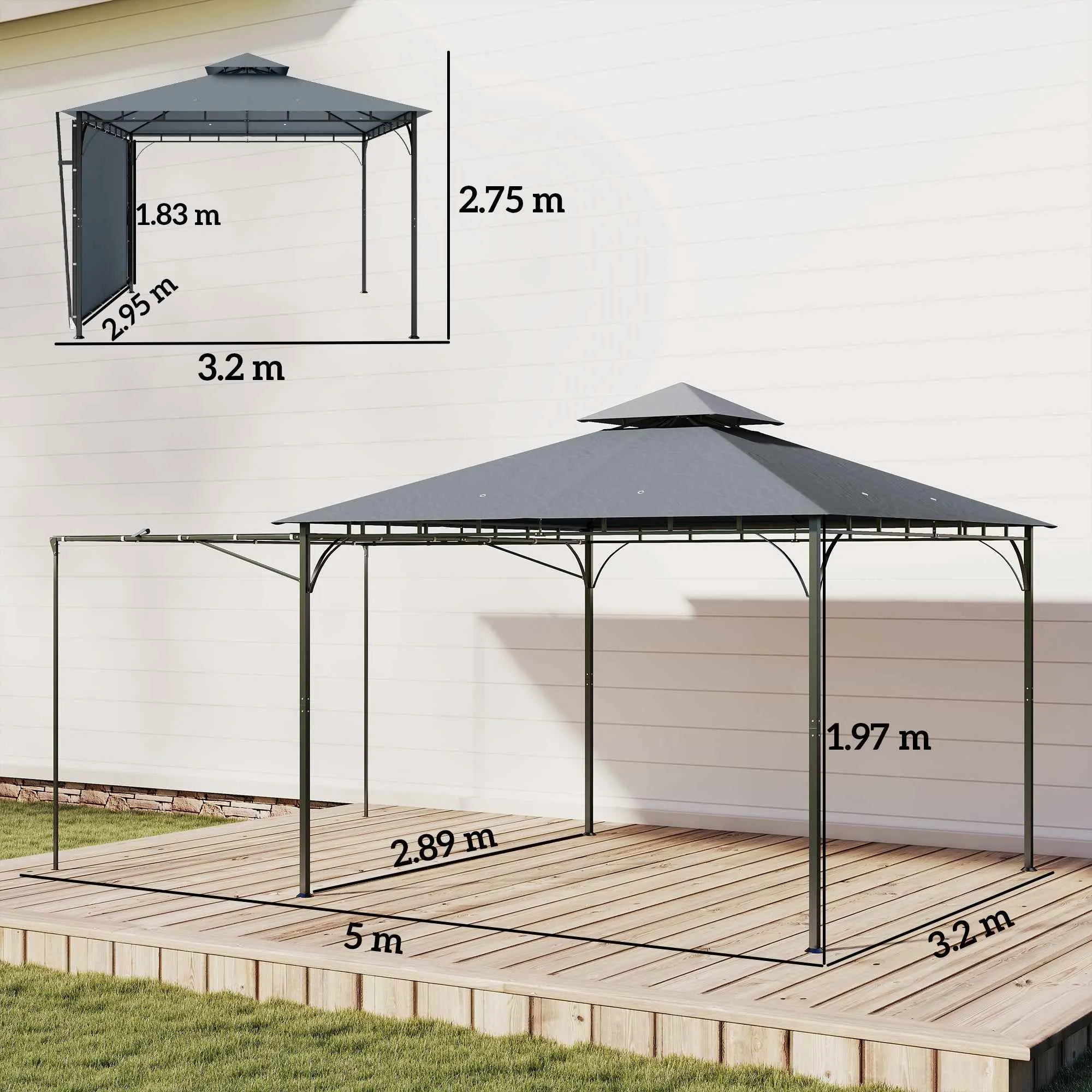Outsunny Garden Gazebo with Extendable Roof and Drainage Holes, Metal and Polyester, 3.2x3.2 m, Dark Grey - Image 3