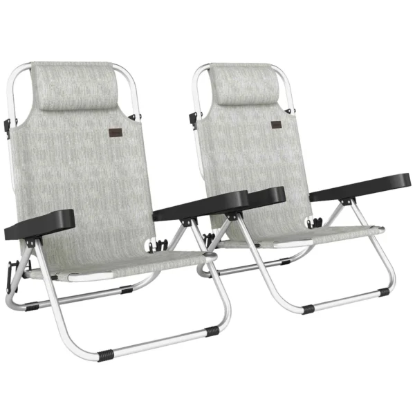 Outsunny Set of 2 Folding and Reclining 4-Position Deck Chairs with Headrest, Aluminum, 62x61x80 cm, Gray