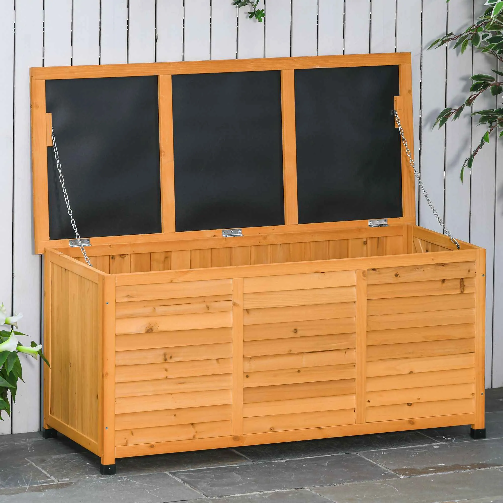 Outsunny Waterproof Outdoor Storage Chest in Fir Wood with Raised Base, 127x56x60 cm, Dark Yellow - Image 2