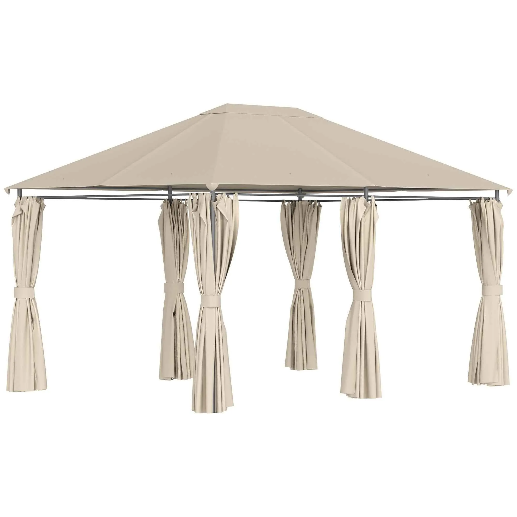 Outsunny 4x3m Garden Gazebo with 6 Removable Curtains, Metal Frame and Beige Polyester Canopy