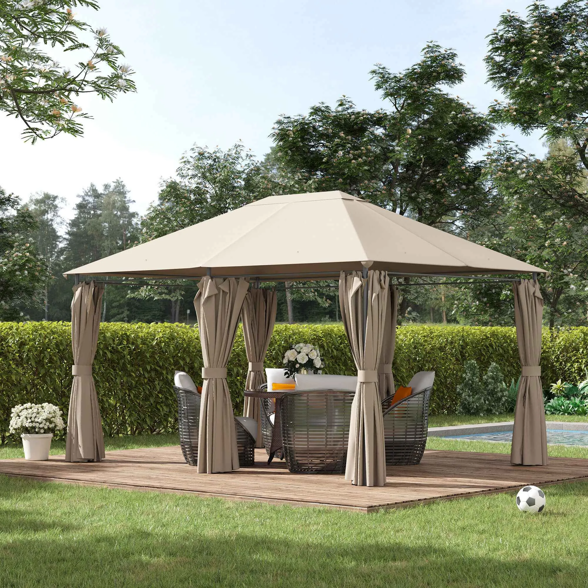 Outsunny 4x3m Garden Gazebo with 6 Removable Curtains, Metal Frame and Beige Polyester Canopy - Image 2