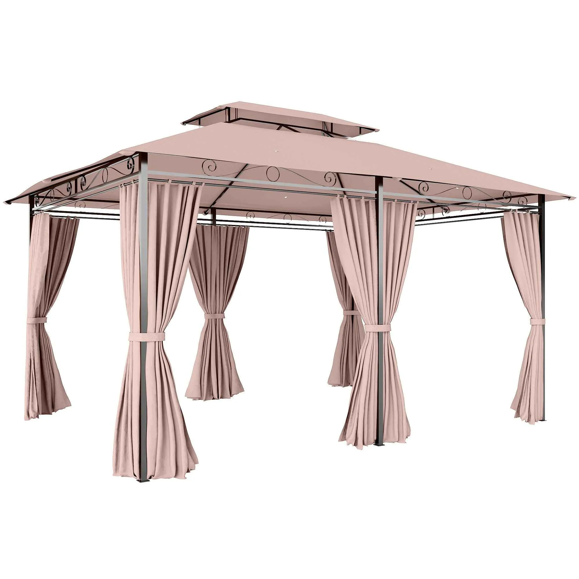 Outsunny 4x3m Garden Gazebo with Double Roof and Side Awnings in Steel and Polyester, Khaki Color