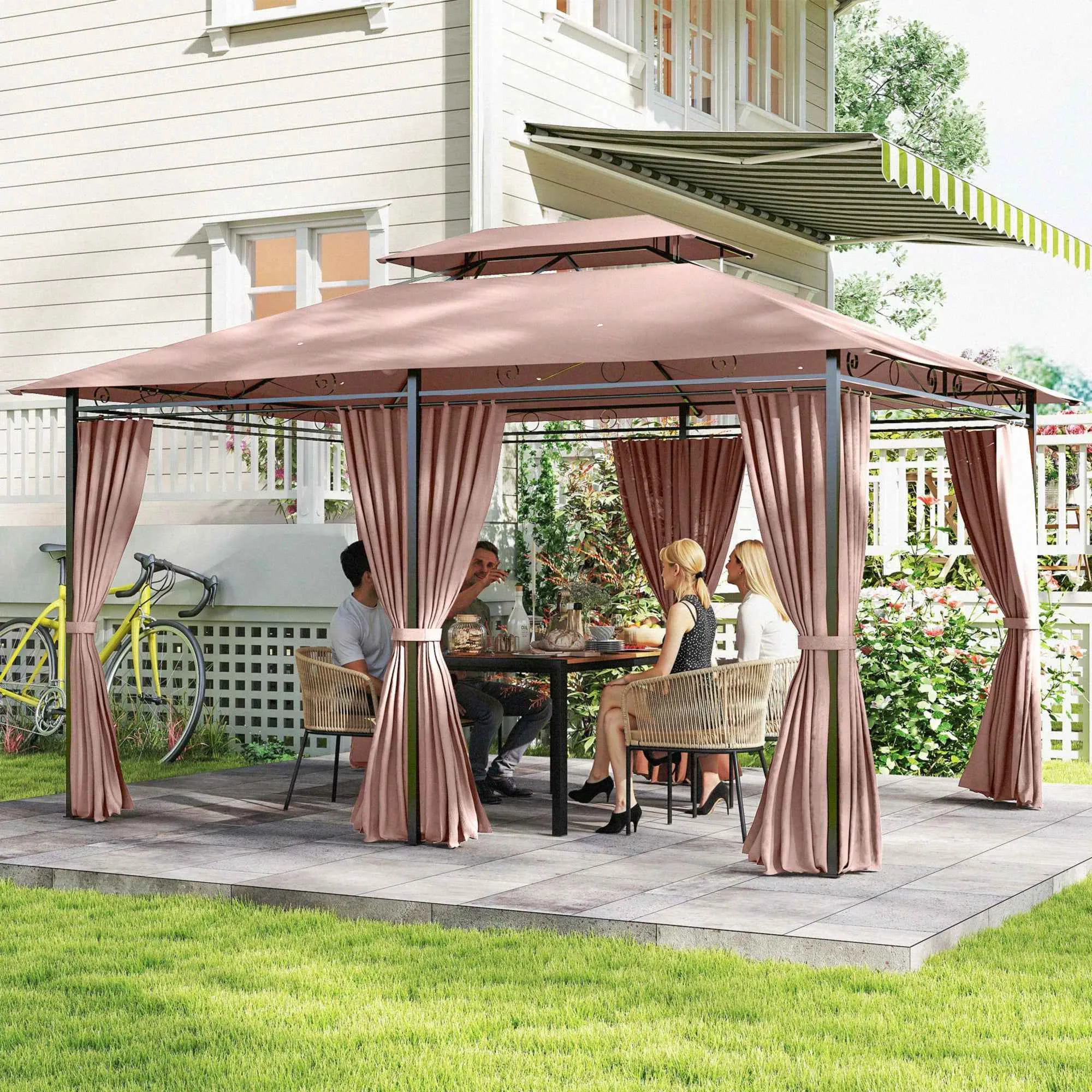 Outsunny 4x3m Garden Gazebo with Double Roof and Side Awnings in Steel and Polyester, Khaki Color - Image 2