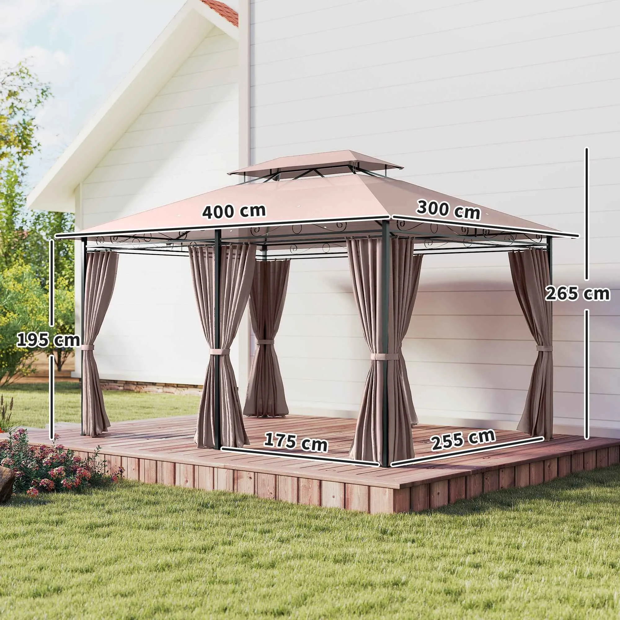 Outsunny 4x3m Garden Gazebo with Double Roof and Side Awnings in Steel and Polyester, Khaki Color - Image 3