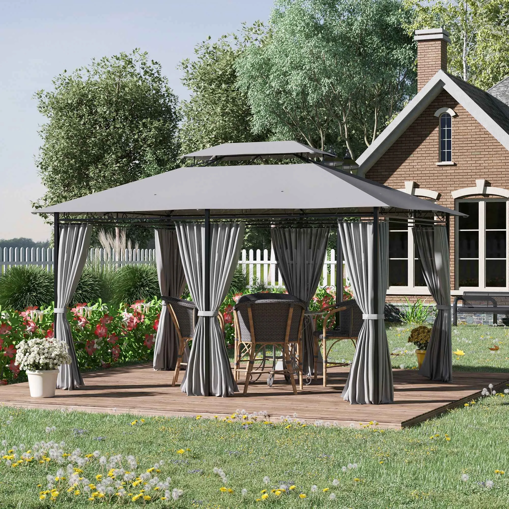 Outsunny Gazebo 4x3 m with 6 Curtains and 2-Tier Roof, in Steel and Polyester, Dark Grey - Image 2