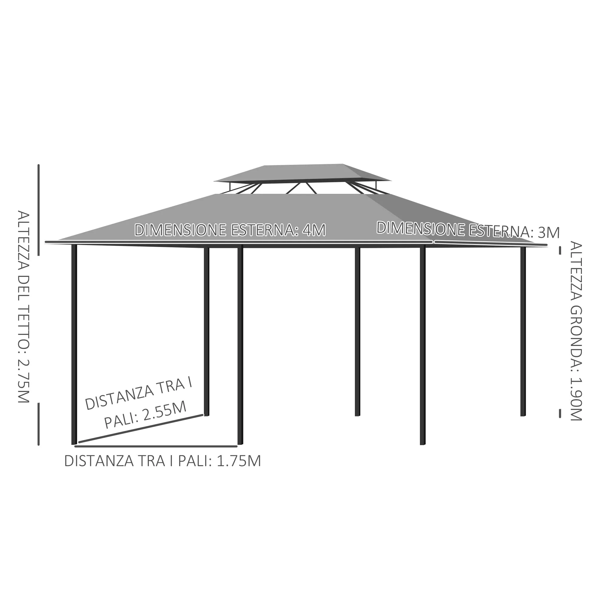 Outsunny Gazebo 4x3 m with 6 Curtains and 2-Tier Roof, in Steel and Polyester, Dark Grey - Image 3