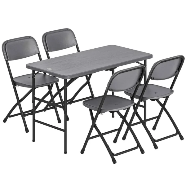 Outsunny Adjustable Garden Table and 4 Folding Chairs Set in Wood Effect HDPE, Dark Grey