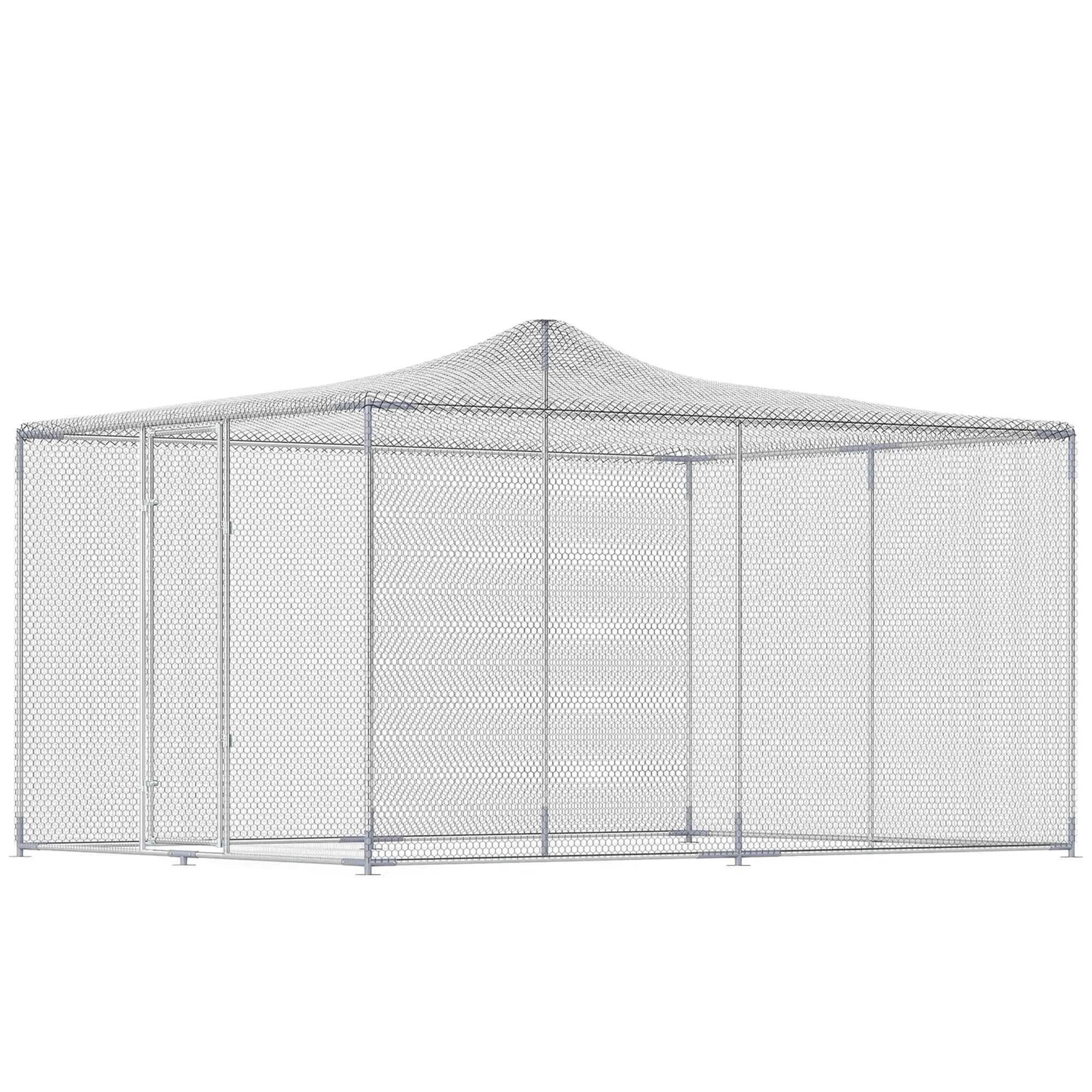 PawHut Outdoor Chicken Coop with Roof and Locks, Galvanized Steel, 4x3x2 m, Silver