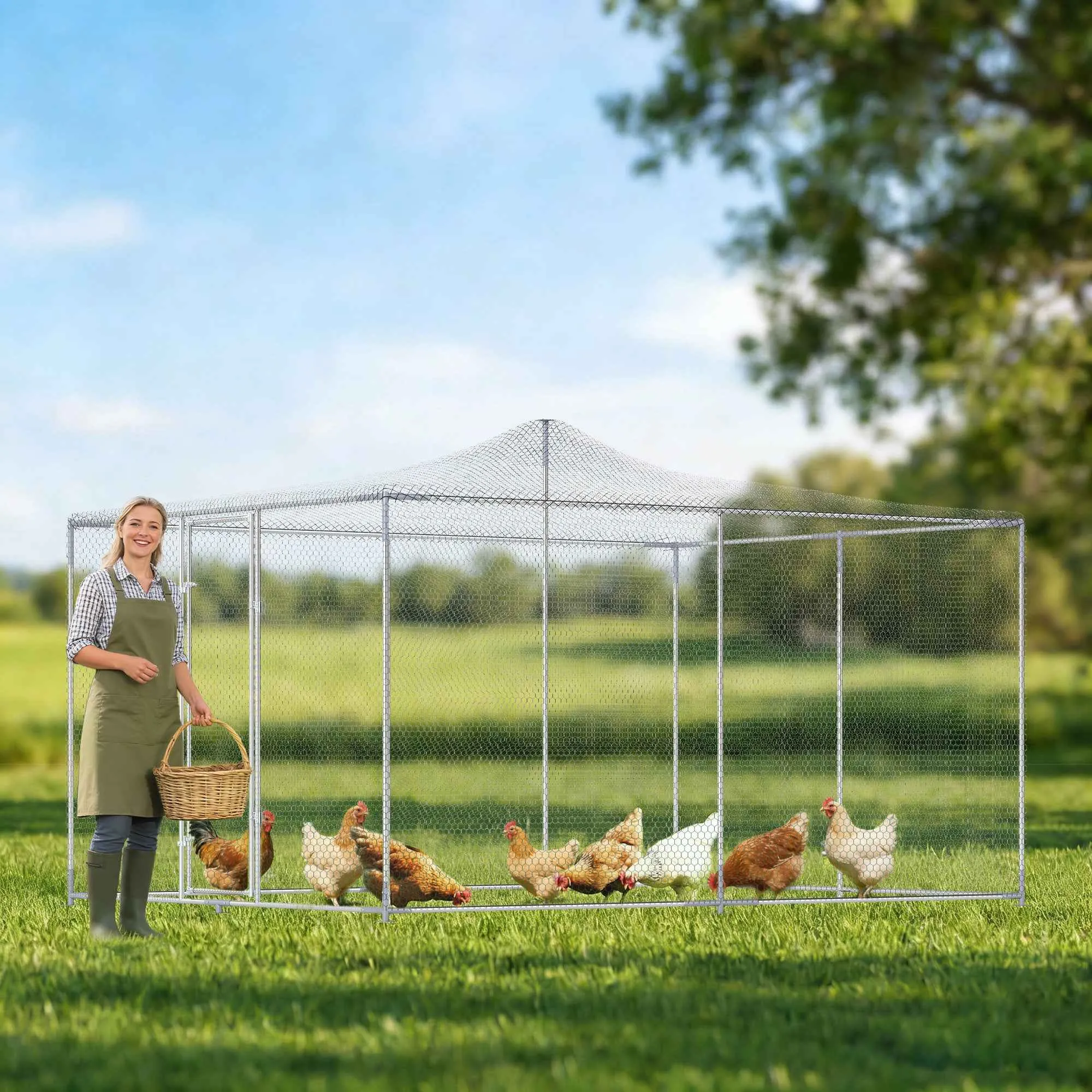 PawHut Outdoor Chicken Coop with Roof and Locks, Galvanized Steel, 4x3x2 m, Silver - Image 2