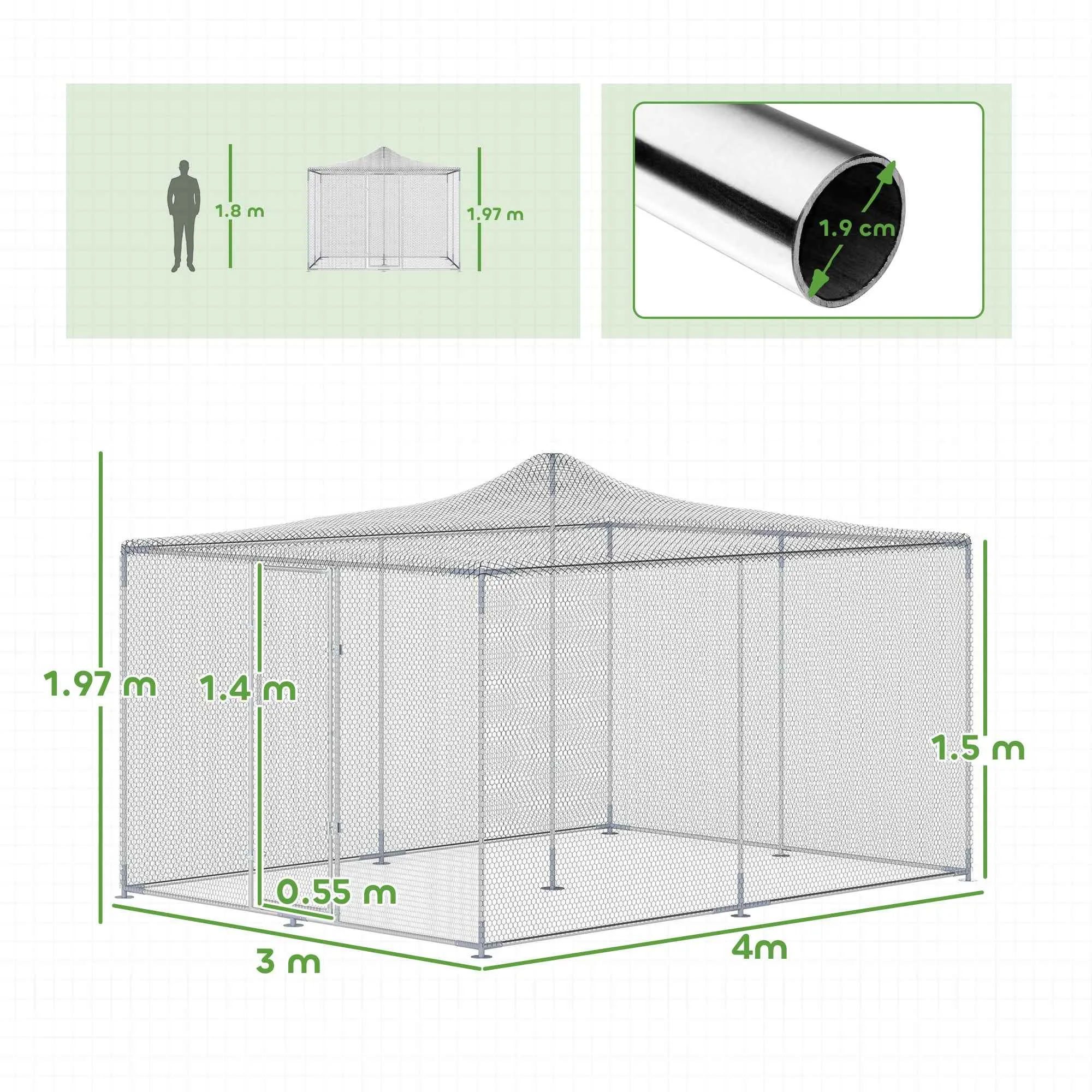 PawHut Outdoor Chicken Coop with Roof and Locks, Galvanized Steel, 4x3x2 m, Silver - Image 3