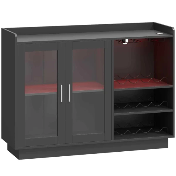 HOMCOM Wine Rack with LED Light and Adjustable Shelf, Wood and Glass, 120x38x88 cm, Black