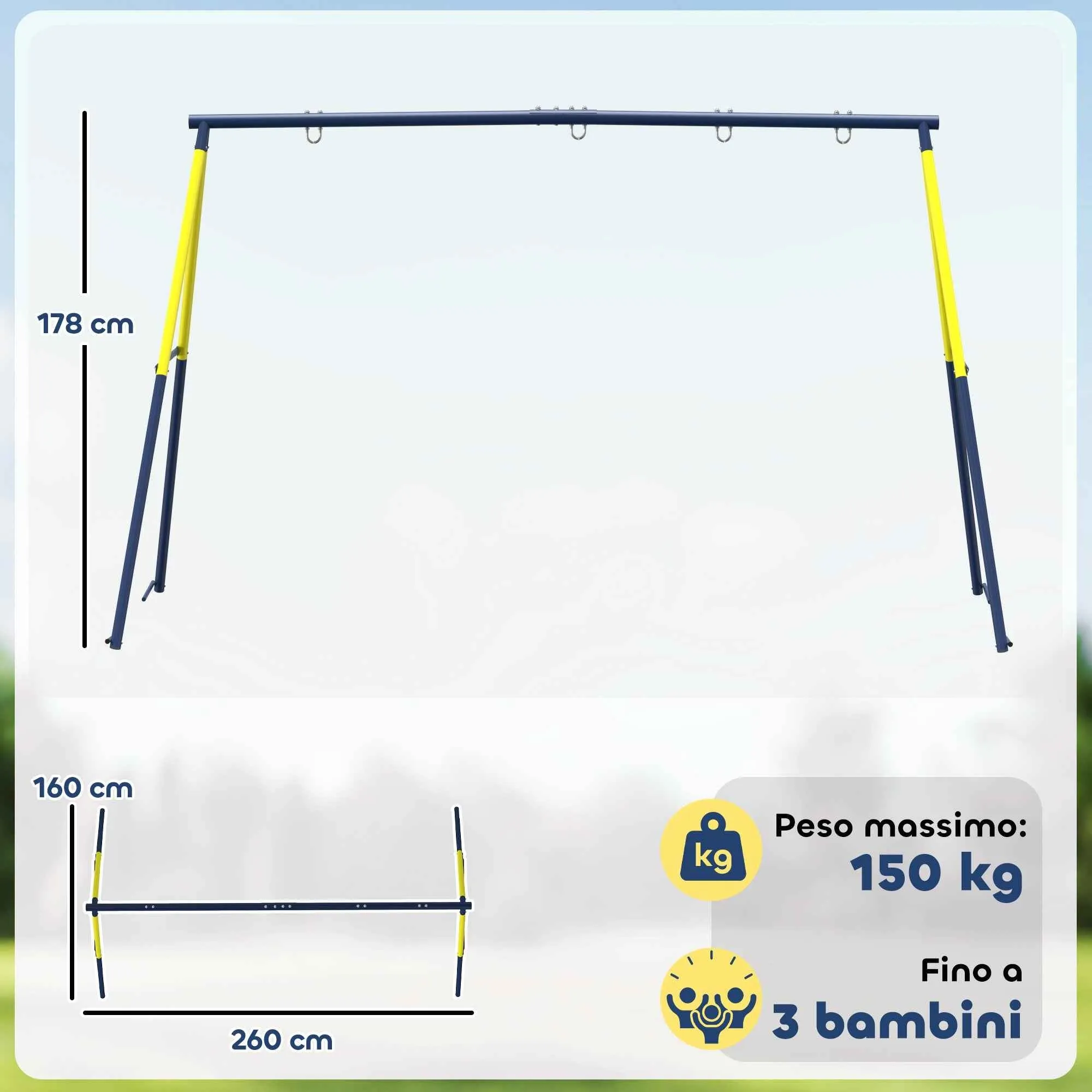 Garden Swing Frame for Children Ages 3-8 Years, Steel, 4 Hooks, 260x160x178 cm, Blue - Image 3