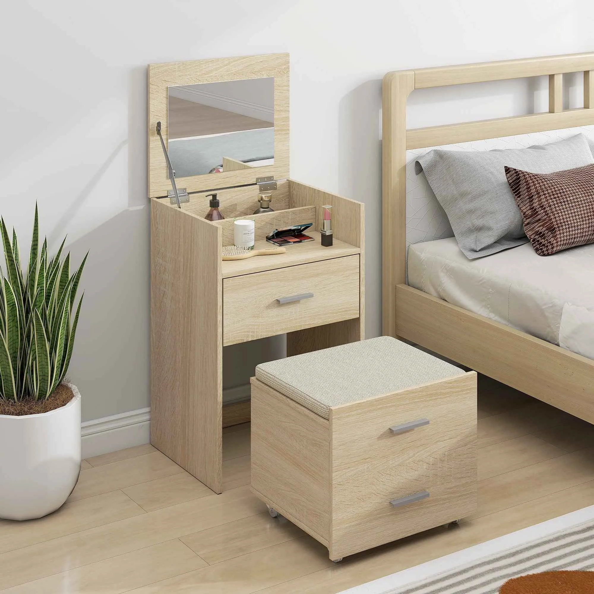 Dressing Table with Folding Mirror, Drawers and Stool, in Wood and Linen Effect Fabric, Wood Color - Image 2