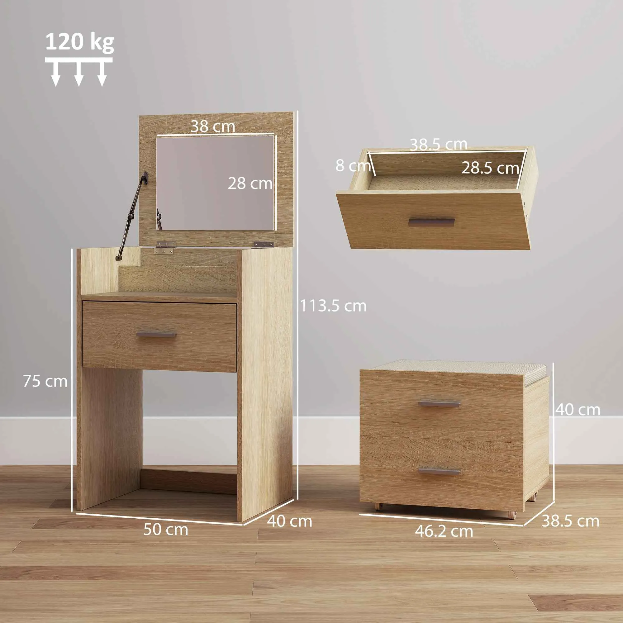 Dressing Table with Folding Mirror, Drawers and Stool, in Wood and Linen Effect Fabric, Wood Color - Image 3