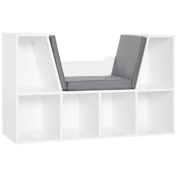 2-in-1 6-Section Bookcase with Soft Cushions, Made of Wood, Sponge and Polyester, 102x30x61 cm, White