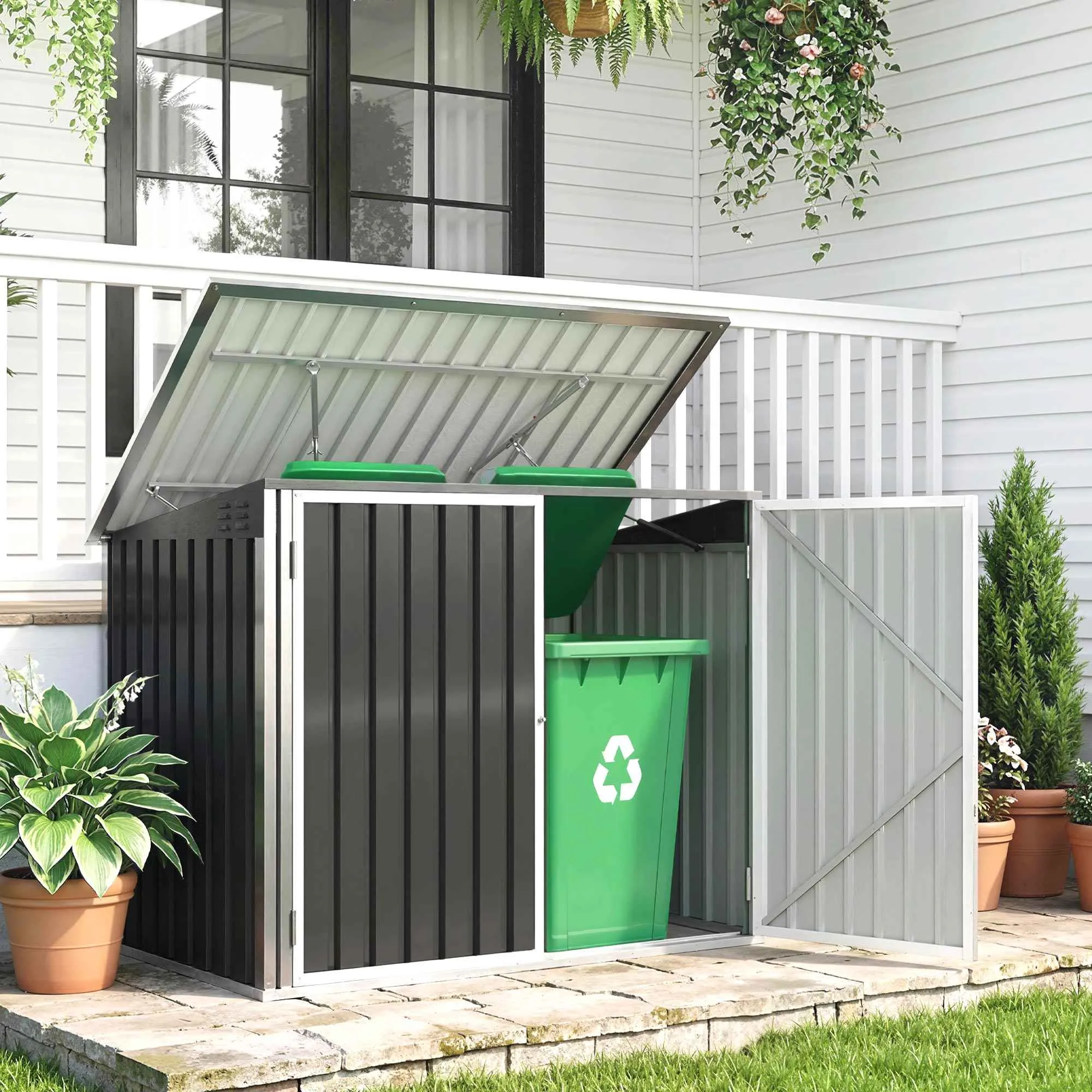Outsunny Garden Shed, Horizontal Garbage Can Organizer, Dark Gray - Image 2