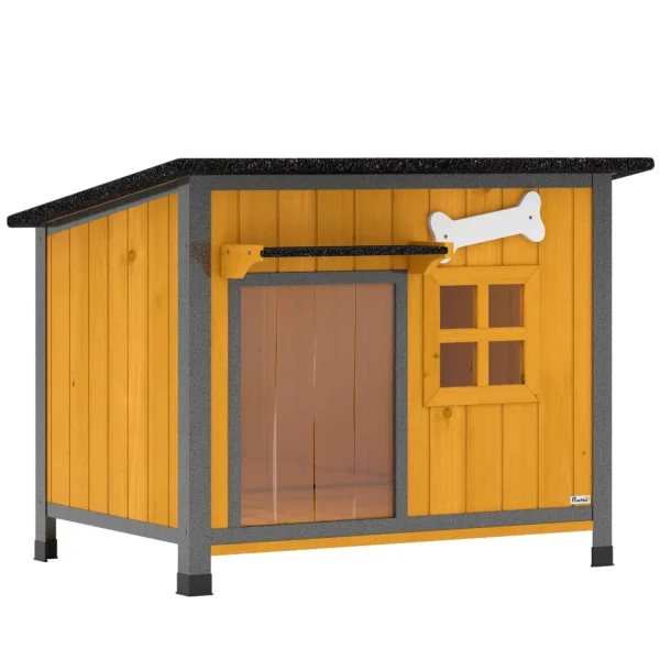 PawHut Outdoor Dog Kennel in Wood and Steel, Bite-Resistant, with Opening Roof and Door Curtain, Yellow