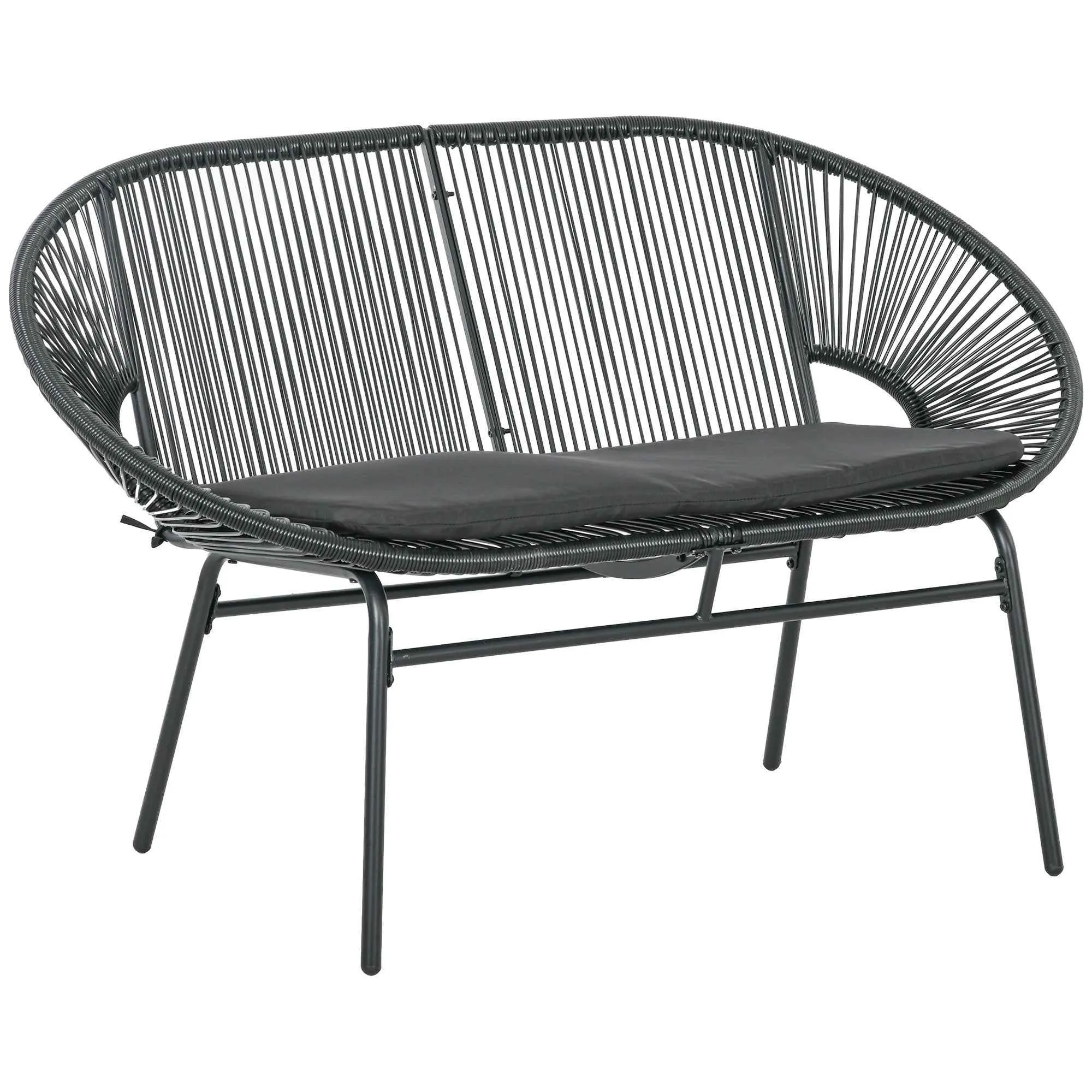 Outsunny 2-Seater Garden Sofa in PE Rattan and Steel with Cushions and Armrests, 132x72x83 cm, Black