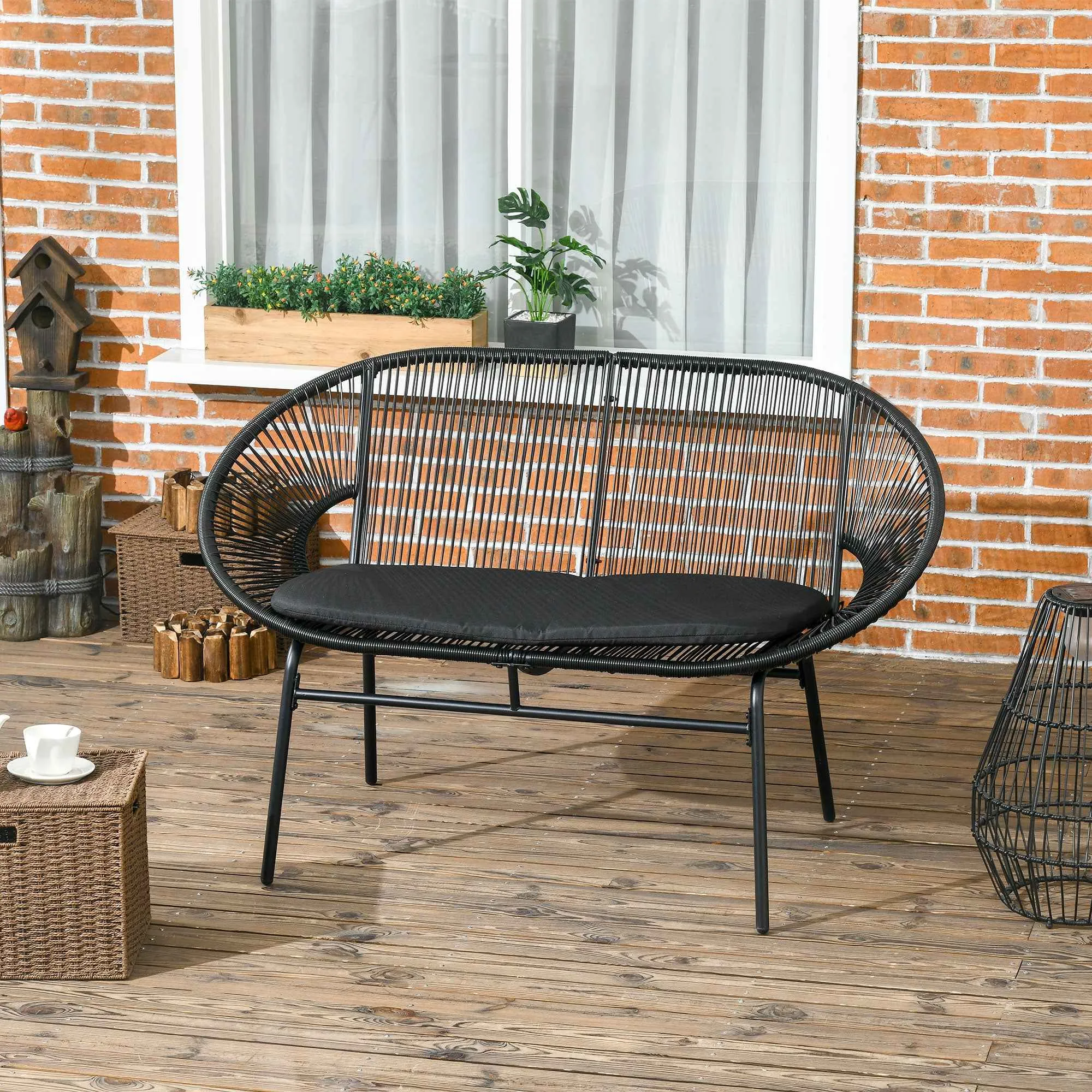 Outsunny 2-Seater Garden Sofa in PE Rattan and Steel with Cushions and Armrests, 132x72x83 cm, Black - Image 2