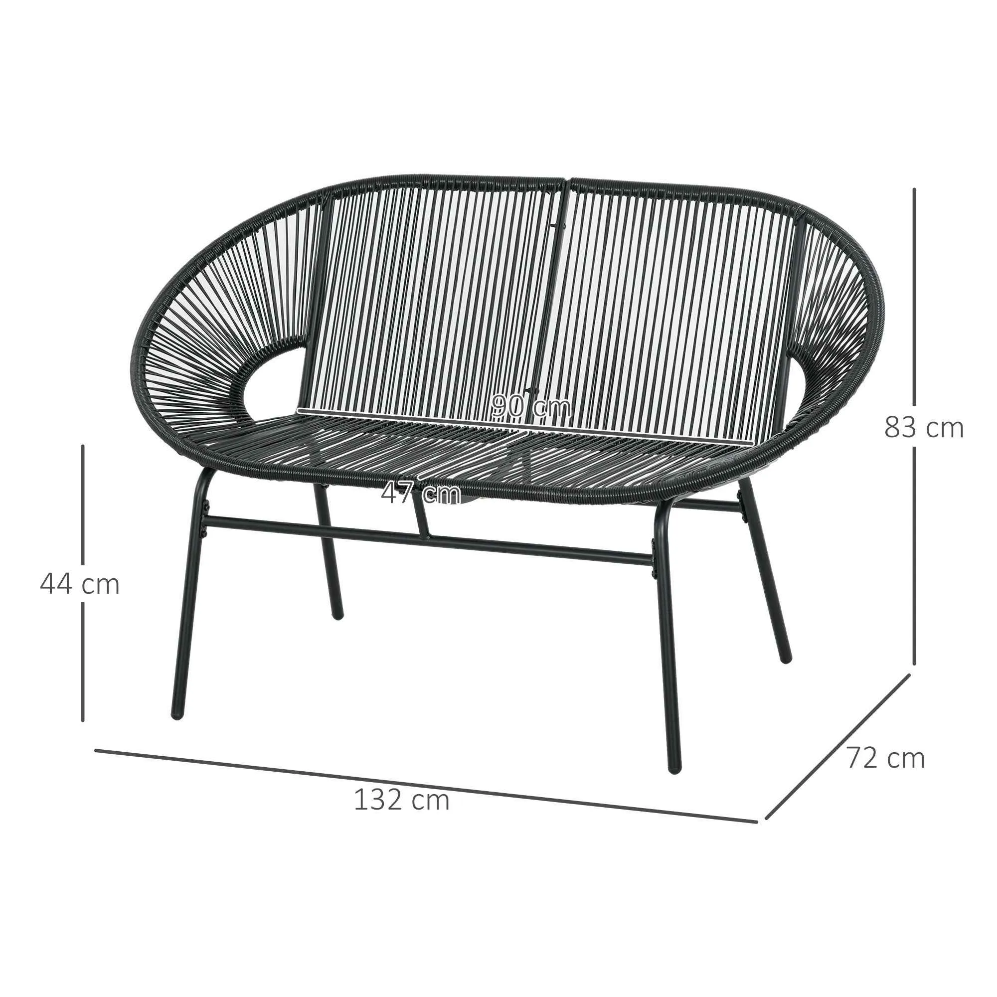 Outsunny 2-Seater Garden Sofa in PE Rattan and Steel with Cushions and Armrests, 132x72x83 cm, Black - Image 3