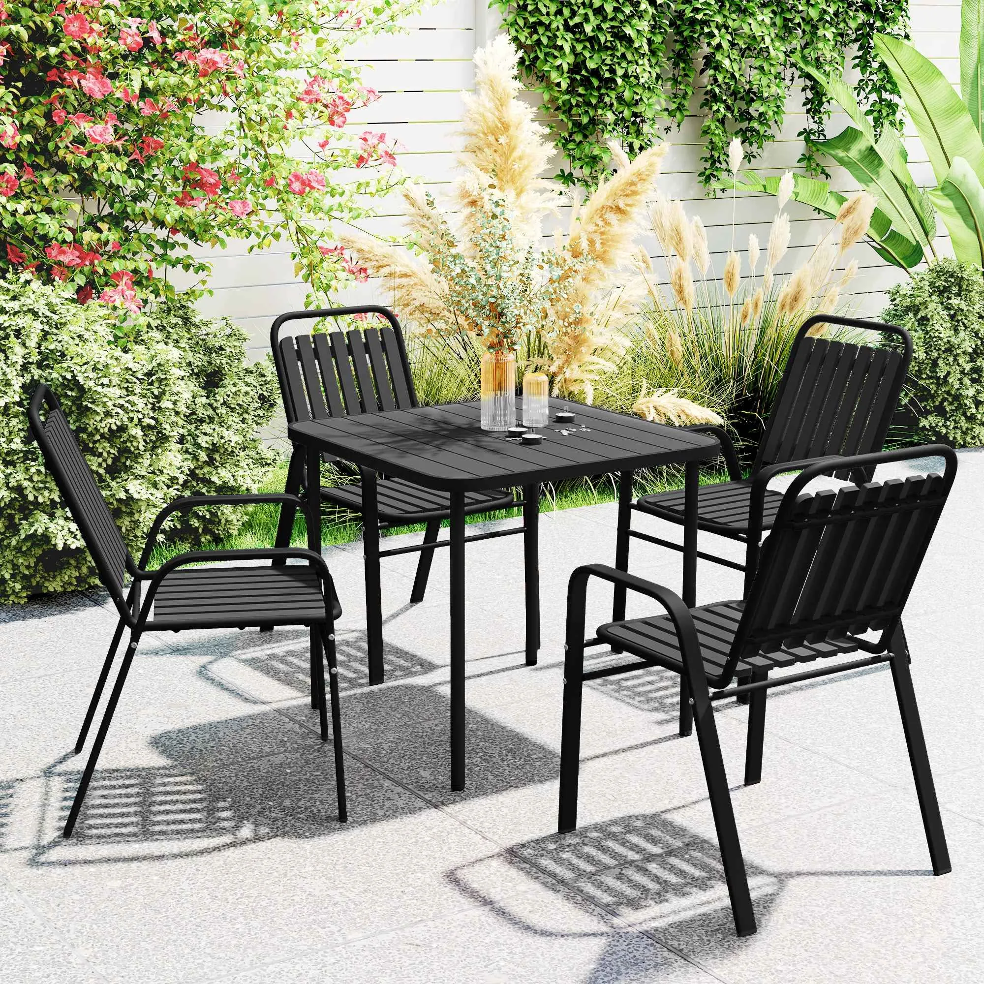 Outsunny Set of 4 Stackable Garden Chairs with High Backrest and Armrests, in PP and Steel, 56x66x91 cm, Black - Image 2