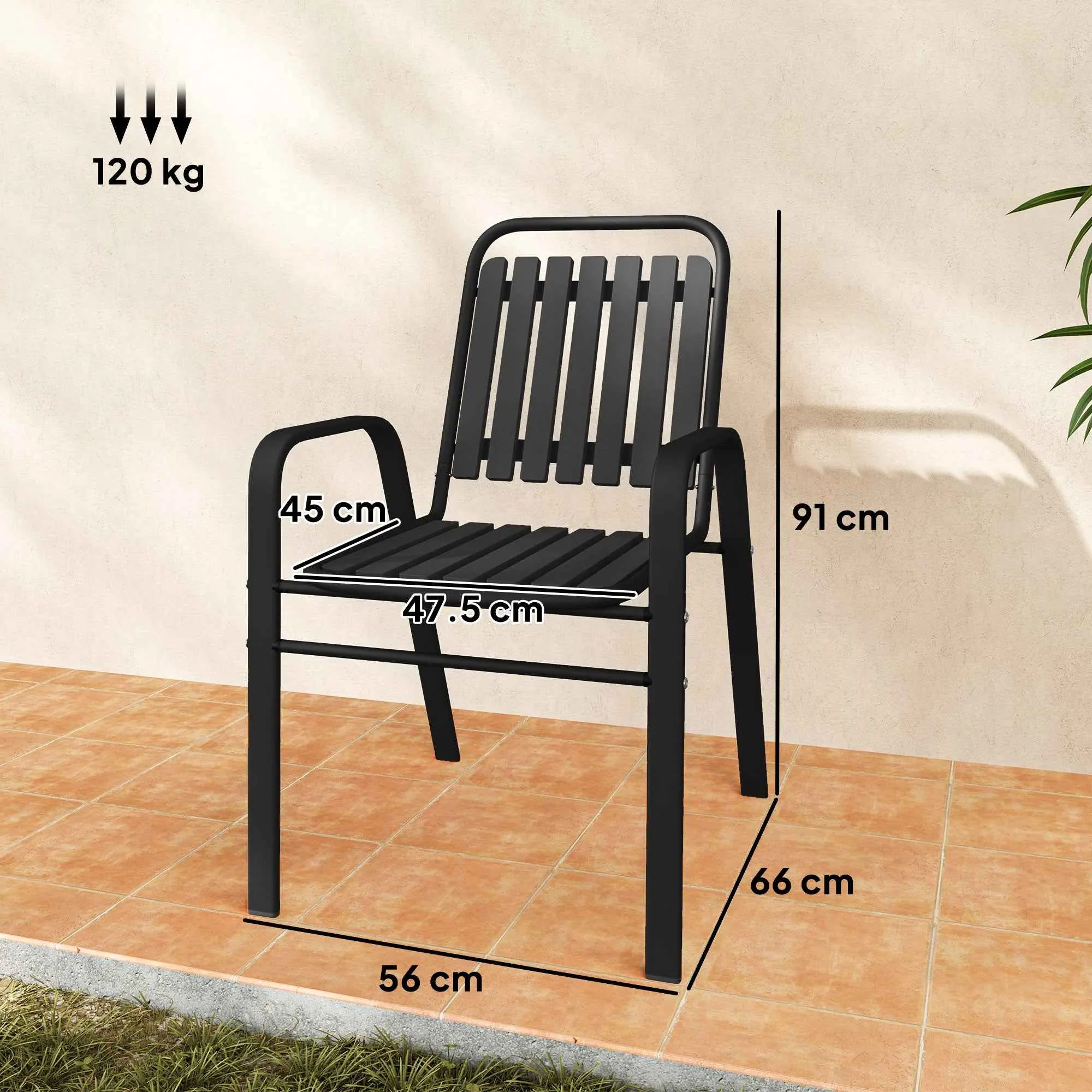 Outsunny Set of 4 Stackable Garden Chairs with High Backrest and Armrests, in PP and Steel, 56x66x91 cm, Black - Image 3