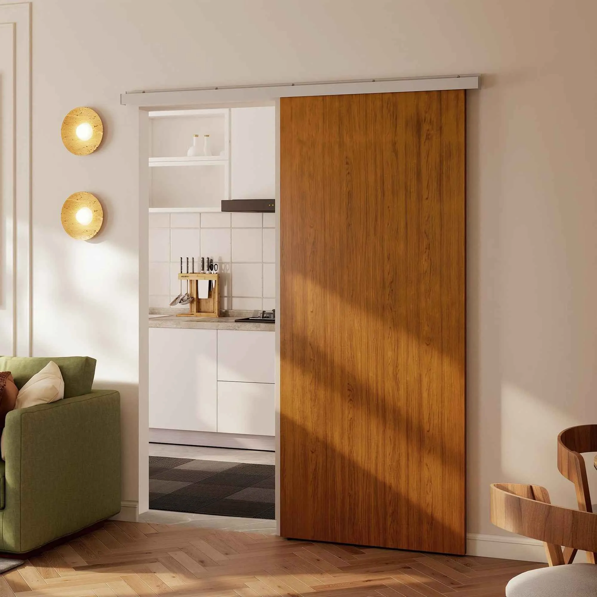 Sliding Door 90x210 cm, Wardrobe Assembly Kit, Track, Brown Wood Effect - Image 2