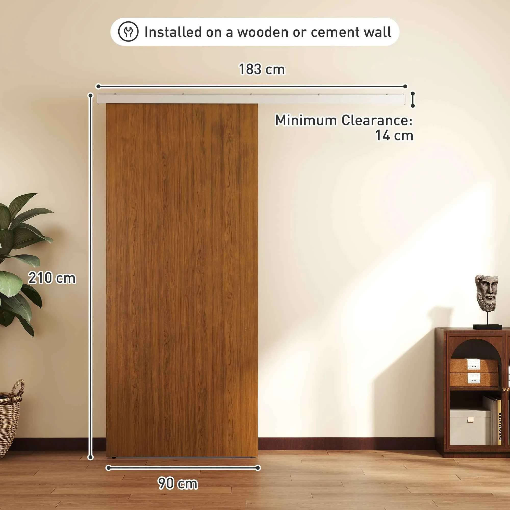 Sliding Door 90x210 cm, Wardrobe Assembly Kit, Track, Brown Wood Effect - Image 3