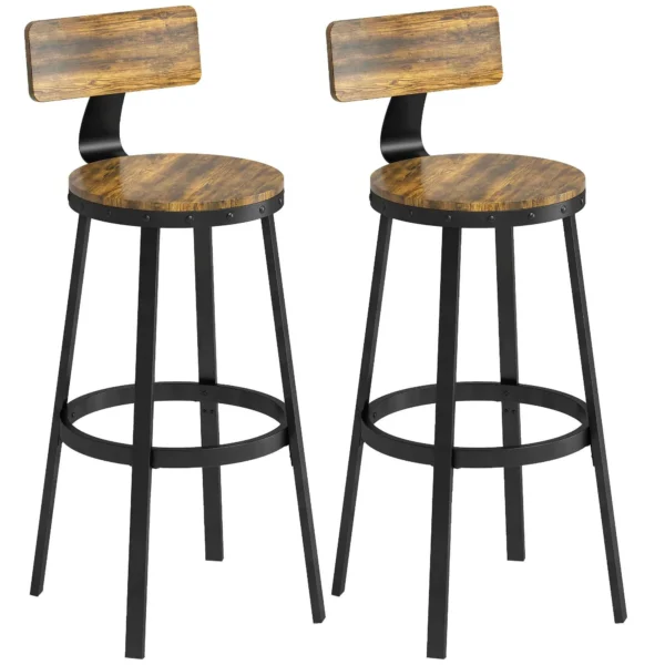Set of 2 Rustic Bar Stools with Footrest, Wood and Metal, 37x47x96 cm, Brown