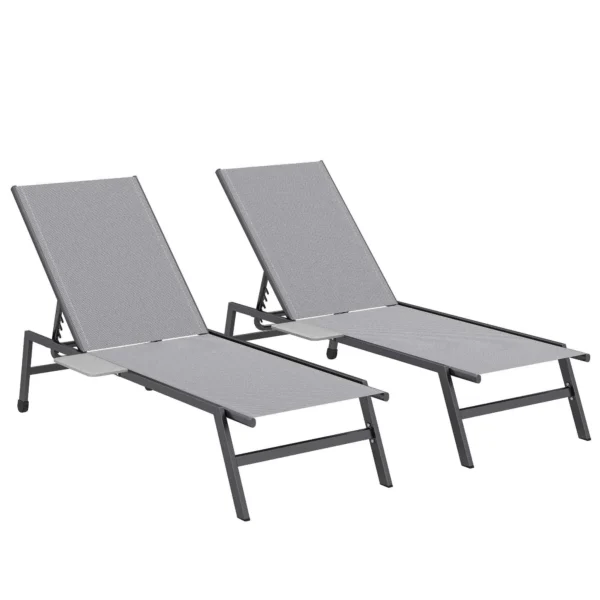 Outsunny Set of 2 Sun Loungers Adjustable in 5 Positions with Side Table and 2 Wheels, in Metal and Polyester, Grey