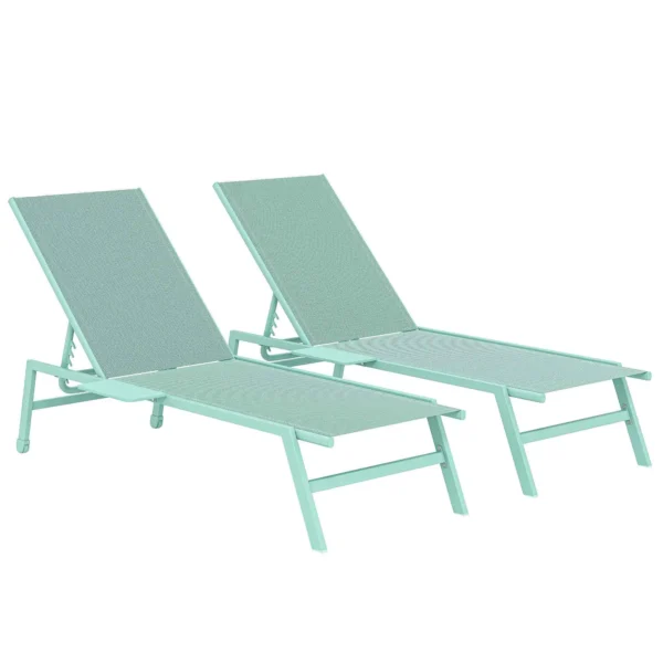 Outsunny Set of 2 Sun Loungers Adjustable in 5 Positions with Side Table and 2 Wheels, in Metal and Polyester, Green
