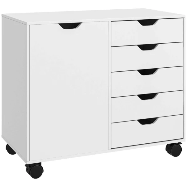 5-Drawer Side Cabinet, Adjustable Shelf, Office Storage Cabinet on Wheels, Printer Stand for Home Office, White