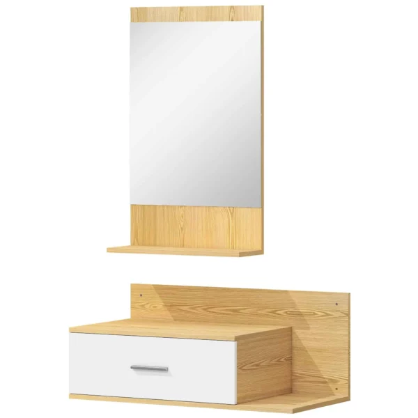 Hallway Set with Mirror, Shelf, Wall Cabinet with Drawer and 2 Open Shelves, Wood and Glass