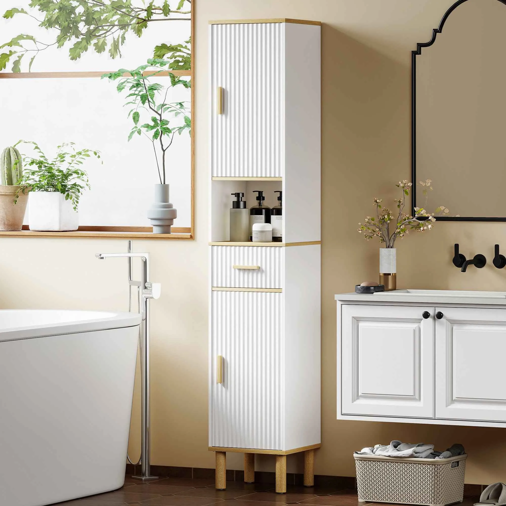 HOMCOM 172cm Bathroom Cabinet with Drawer and Adjustable Shelves, White - Image 2