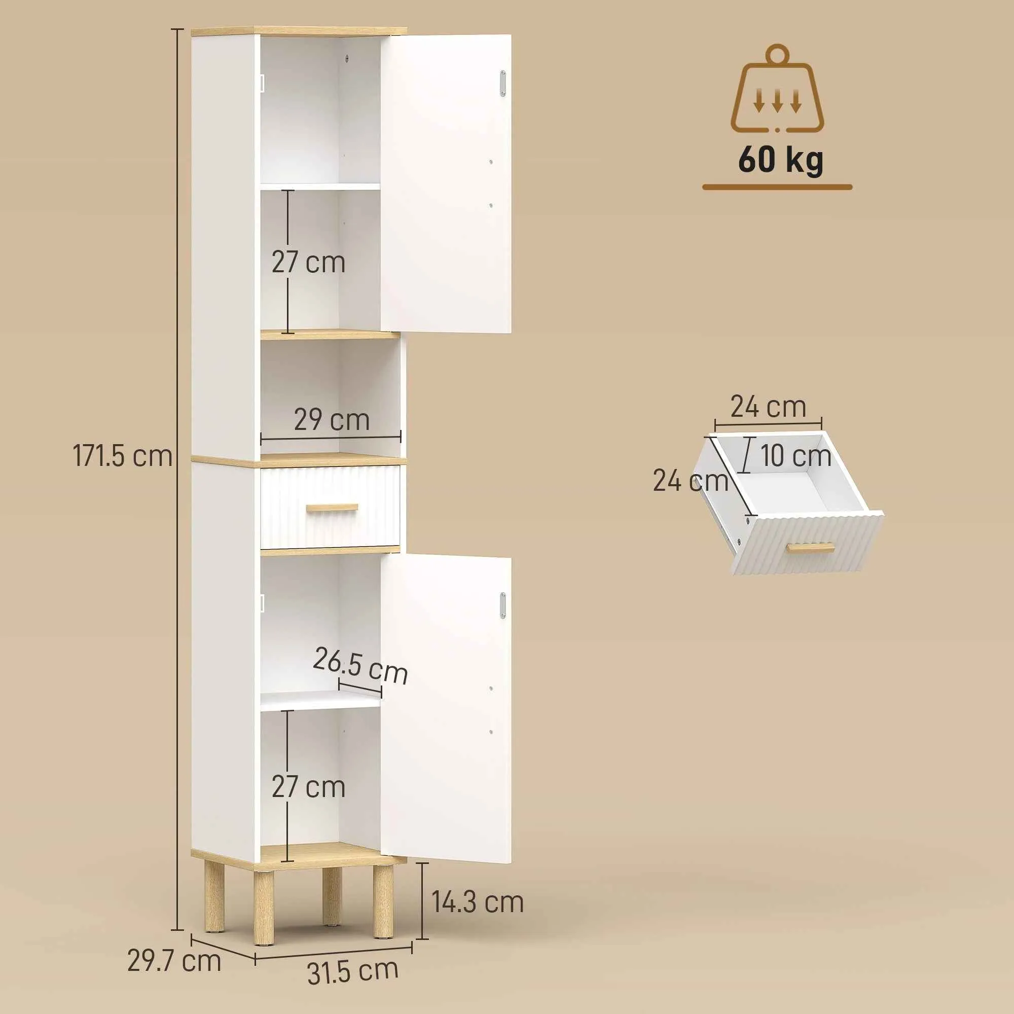 HOMCOM 172cm Bathroom Cabinet with Drawer and Adjustable Shelves, White - Image 3